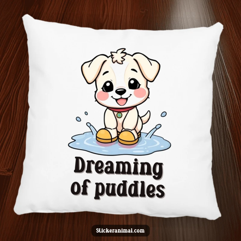 Funny pillow featuring a happy puppy in tiny boots splashing playfully in puddles, adding a soft and cheerful touch.