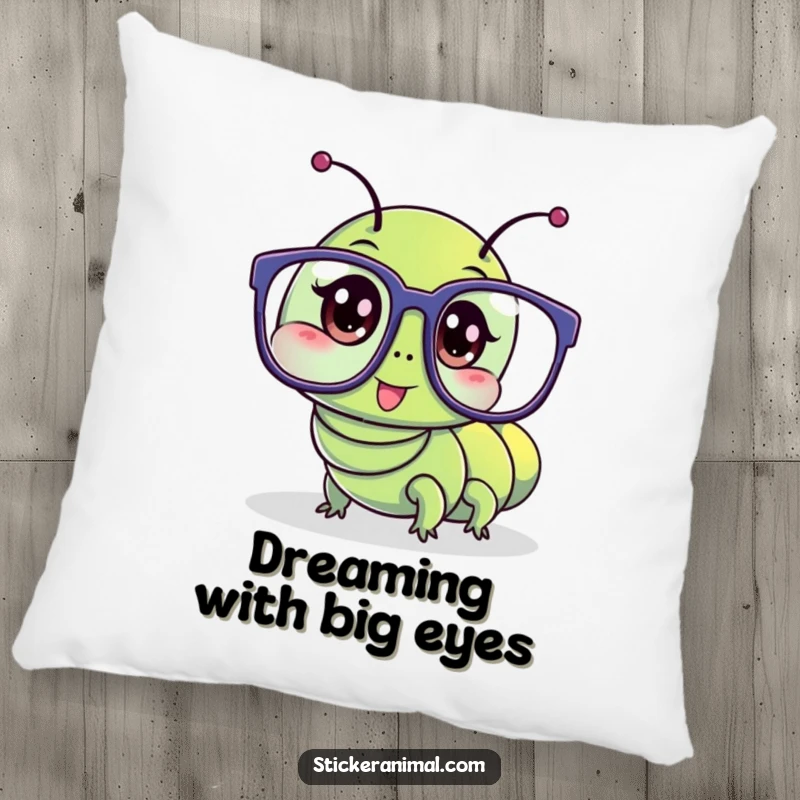 Funny pillow shows a wriggling caterpillar character hilariously oversized glasses, perfect for cozy comfort.
