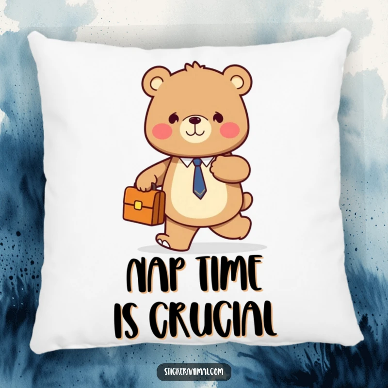 Funny throw pillow with a smiling bear holding a briefcase, confidently walking forward, offering comfort and humor.