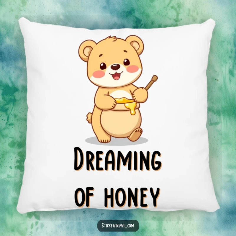 Funny pillow showcasing a happy bear cub carefully balancing a pot full of honey, adding a cute and humorous touch.