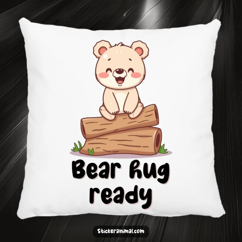 Funny pillow with a happy bear cub balancing on a log, offering cozy comfort and woodland humor.