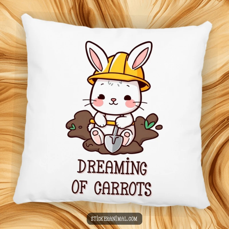 Funny Bunny Pillow: A bunny in a hard hat digs with a shovel, offering humorous comfort and construction-themed decor.