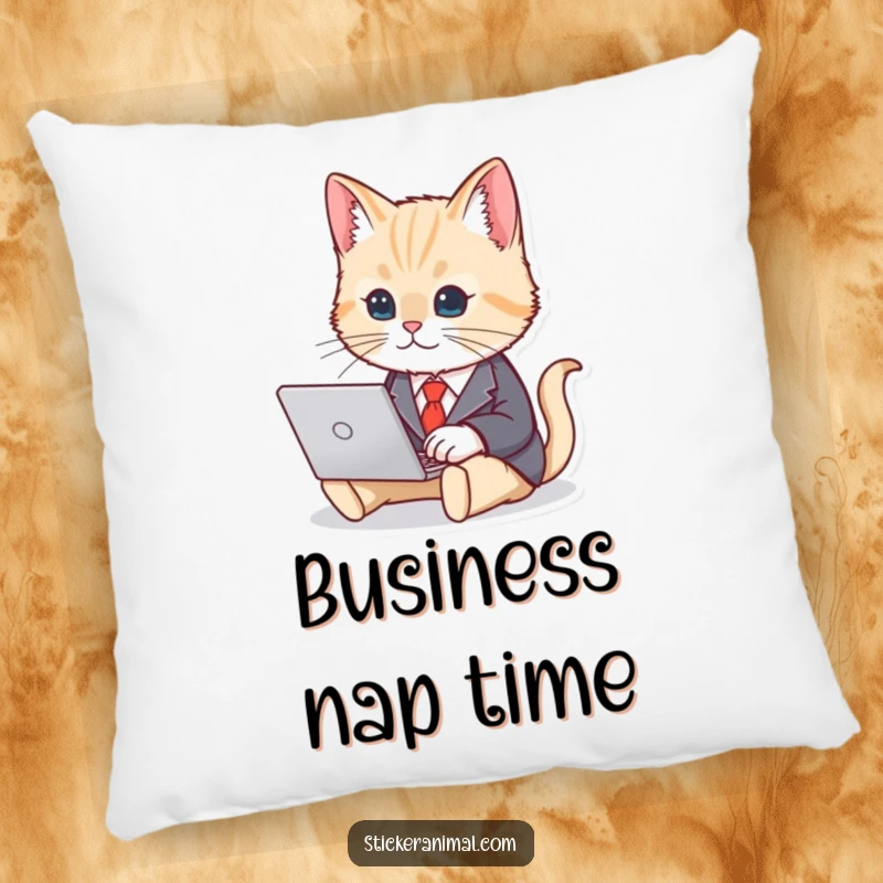 Funny pillow featuring a cute cat in a business suit, typing on a laptop, perfect for adding desk charm and comfort.