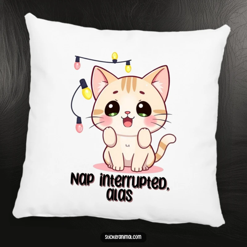 Funny surprised cat tangled in string lights on a pillow, offering cozy comfort and festive humor, perfect as a funny gift.