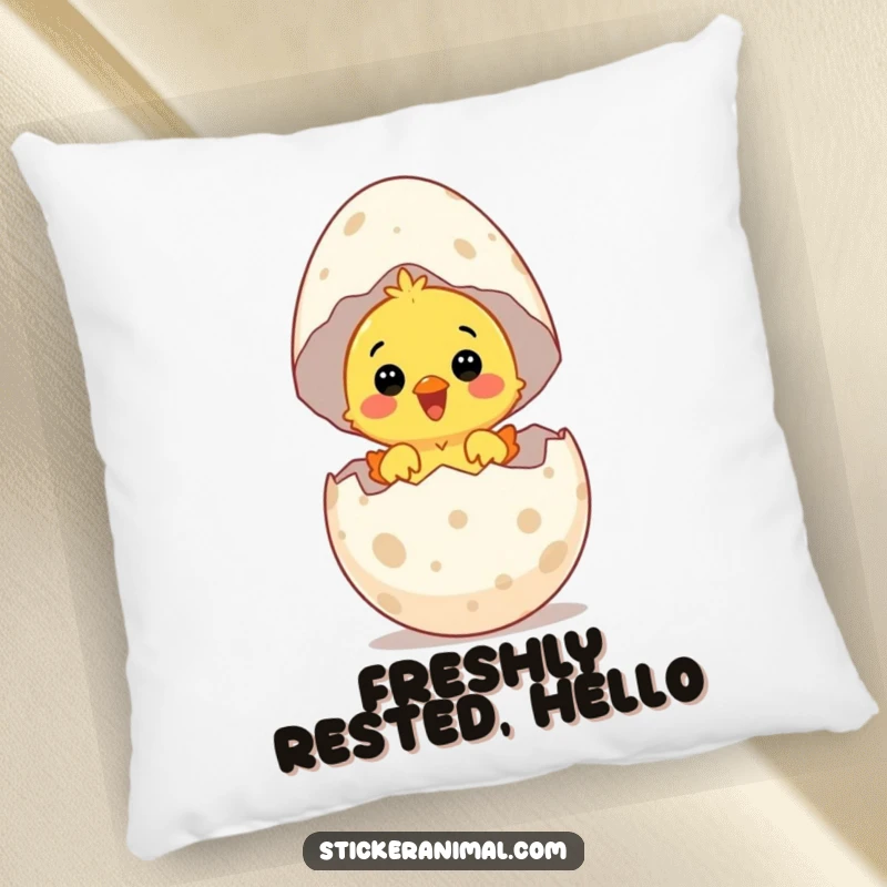 Funny pillow with a surprised chick hatching from a giant speckled egg with delight, offering soft comfort and charm.