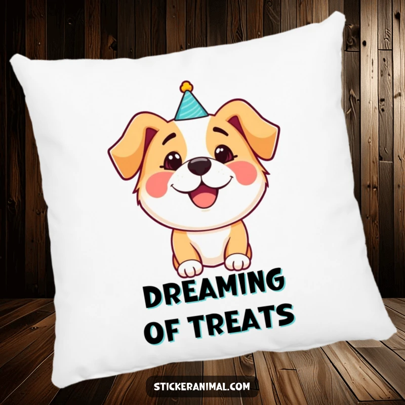 Funny happy dog wearing a party hat on a pillow, offering cozy comfort and festive humor, perfect as a funny gift.