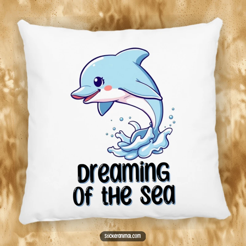 Funny Dolphin Leap Pillow featuring an energetic dolphin character leaping out of the water, perfect for cozy, humorous ocean-themed relaxation.