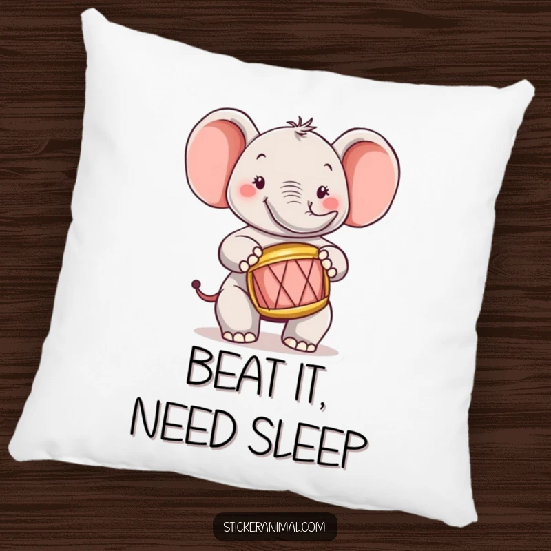 Funny, cheerful elephant character peacefully resting while holding a tiny drum on a soft pillow.