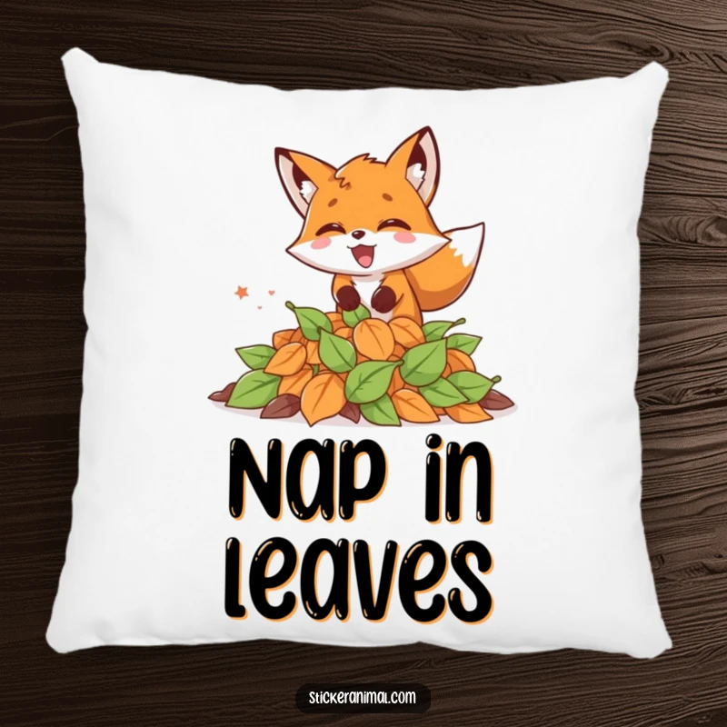 Funny pillow showing an excited fox mid-pounce into a pile of autumn leaves, offering comfort and seasonal cheer.