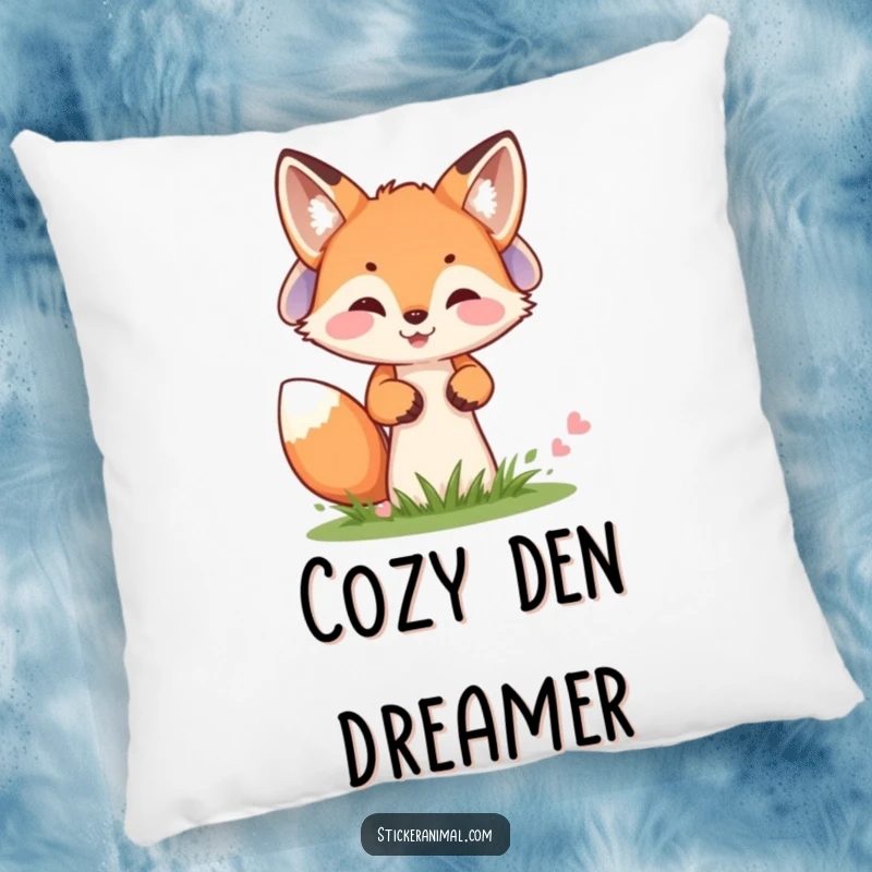 Funny pillow with a cheerful fox cub peeking from behind a mushroom, offering cozy comfort and woodland humor.