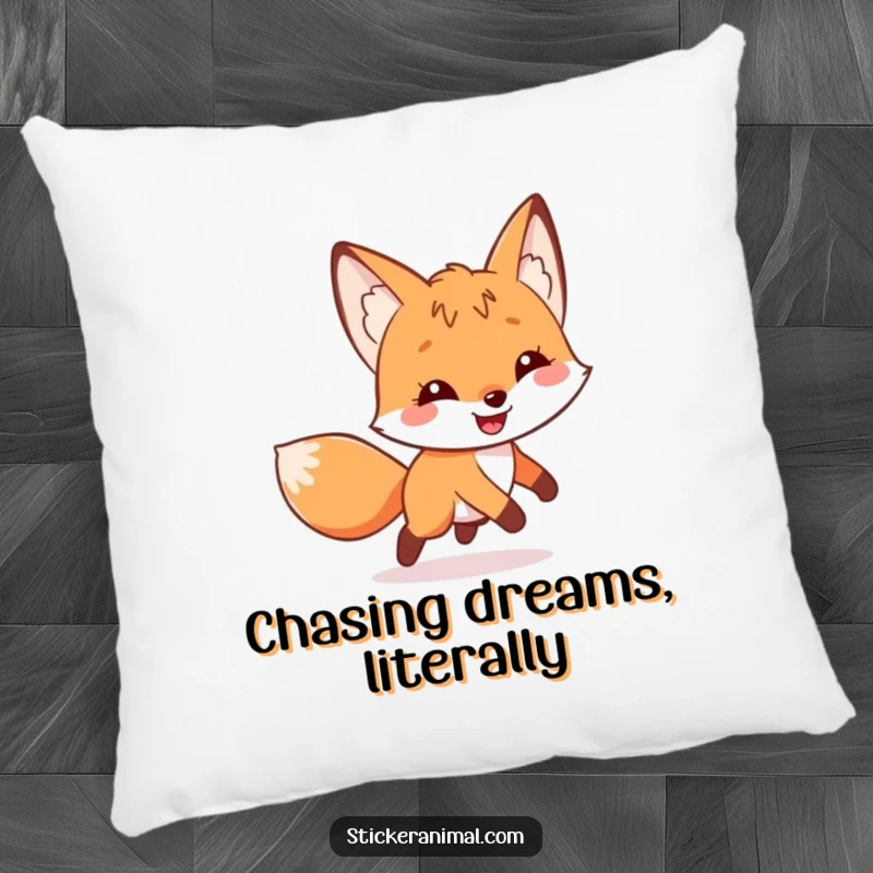 Funny pillow with a grinning fox character playfully spinning in circles while chasing its tail, offering comfort and humor.