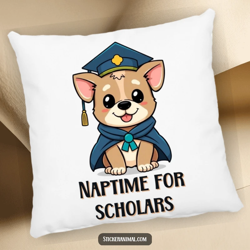 Funny pillow featuring a winking dog character wearing a graduation cap and academic robe, offering comfort and a celebratory vibe.