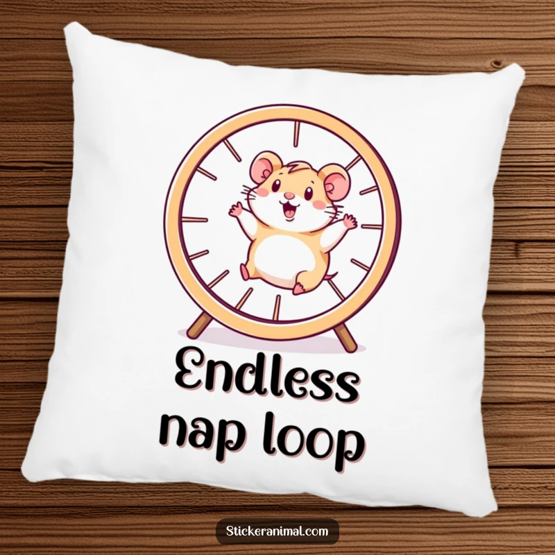 Funny hamster pillow featuring a happy character running inside a giant spinning wheel, offering cozy comfort and energetic vibes.