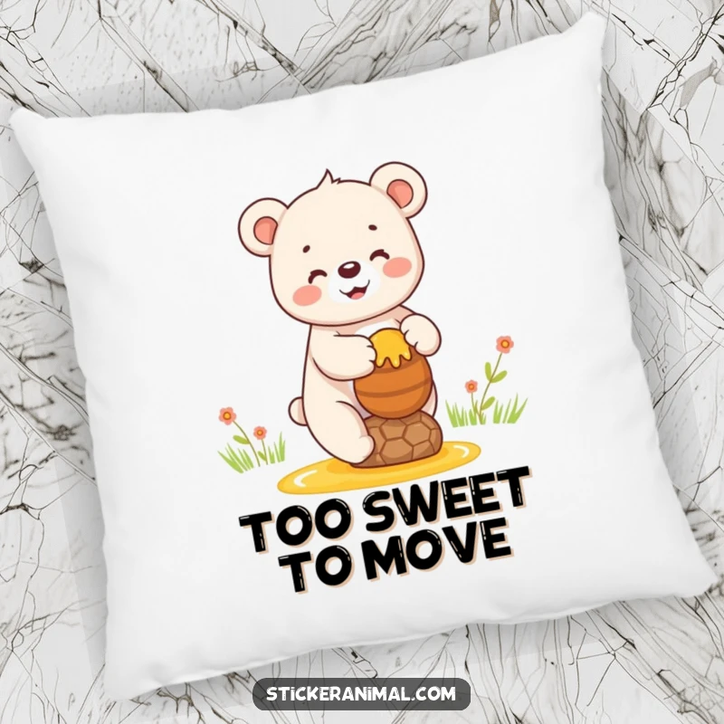 Funny pillow showing a happy bear cub balancing a pot of honey, offering comfort and sweet, bear-themed charm.