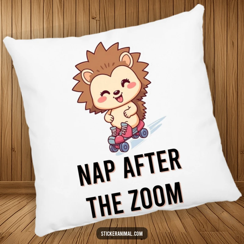 Funny hedgehog character on a pillow, wearing roller skates and zipping by with a happy look.