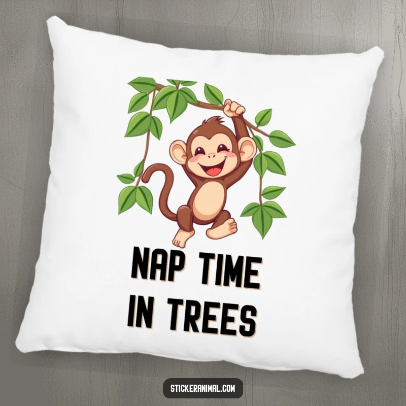 Funny pillow showcasing a happy monkey mid-swing on a vine, its expression filled with pure, contagious giggling joy.