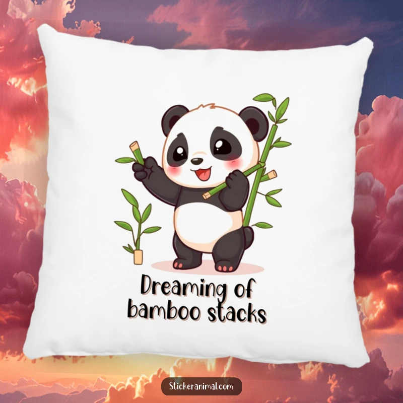 Funny playful panda cub juggling bamboo shoots with glee, printed on a soft and plush pillow for ultimate comfort.