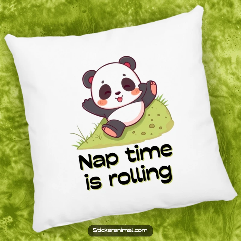 Funny pillow with a playful panda bear tumbling down a grassy hill, offering soft comfort and playful charm.