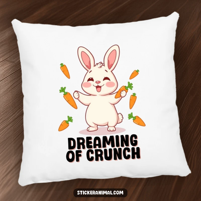 Funny giggling rabbit juggling carrots on a pillow, offering cozy comfort and whimsical humor, perfect as a funny gift.