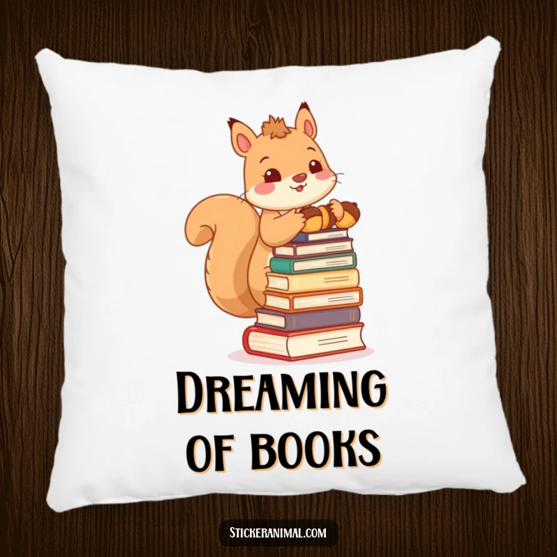 Funny pillow featuring a cute squirrel character holding up a stack of acorns like books, perfect for adding a cozy, humorous touch.