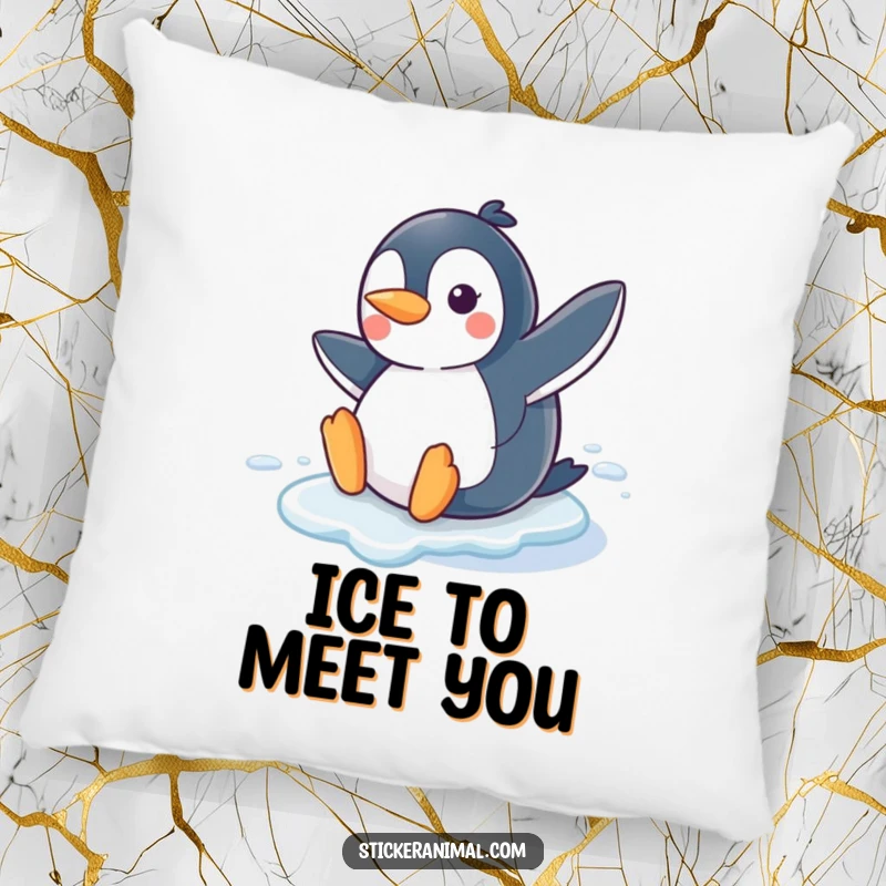 Funny Penguin Slide Pillow featuring a joyful penguin character sliding on ice with a smile, perfect for cozy, humorous winter comfort.