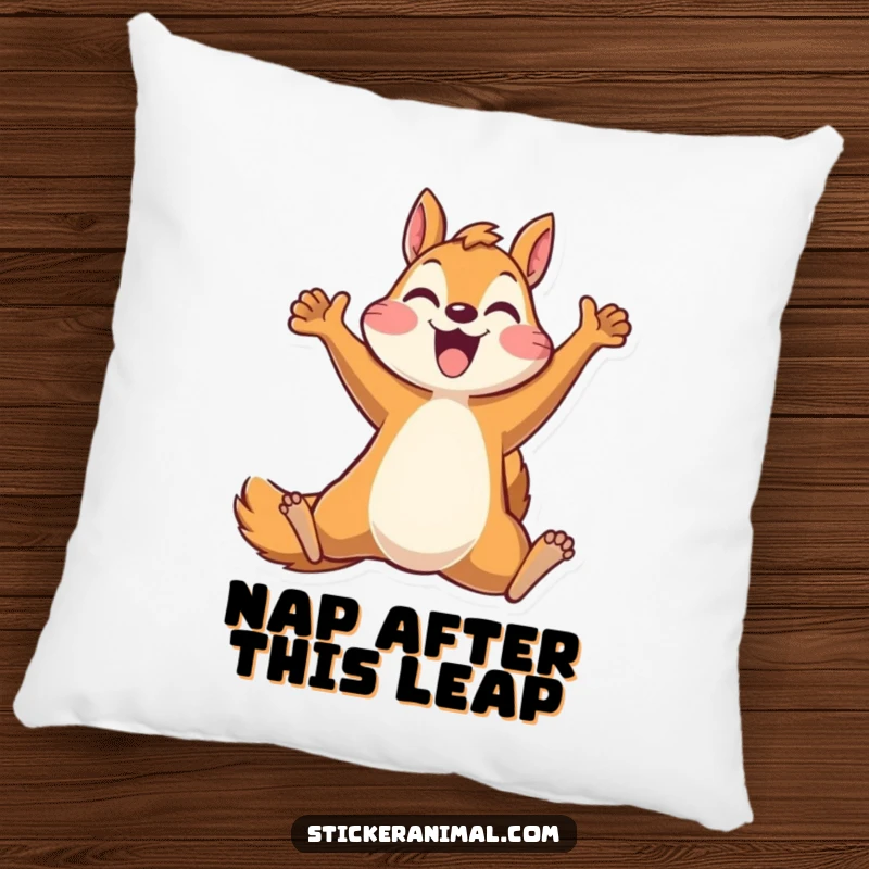 Funny pillow showcasing a joyful squirrel character leaping with pure elation, adding a touch of humor and coziness to any room.