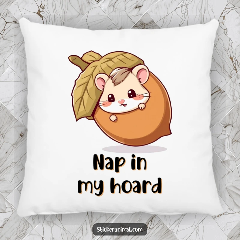 Funny pillow featuring a mischievous hamster peeking out from behind a giant acorn, perfect for cozying up during playful, humorous moments.