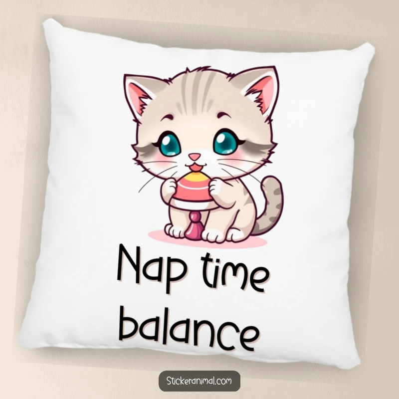 Funny pillow featuring a playful kitten intently balancing a spinning top on its nose, adding a soft and charming touch.