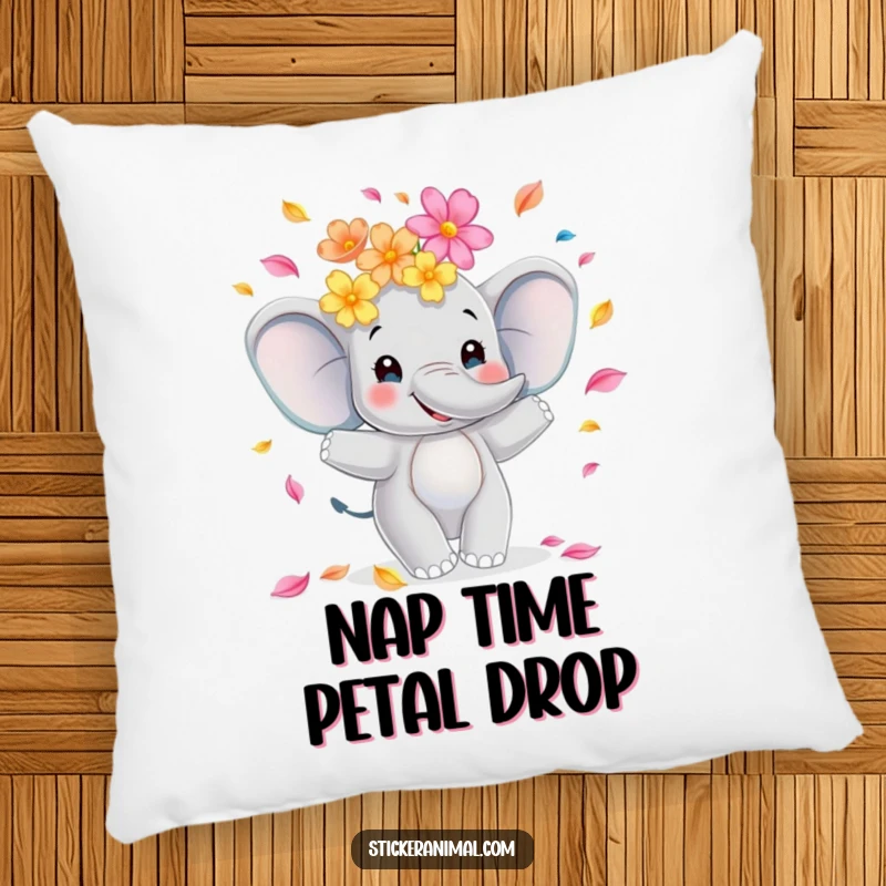 Funny elephant pillow featuring a smiling character juggling colorful flower petals, offering decorative charm and plush comfort for any room.