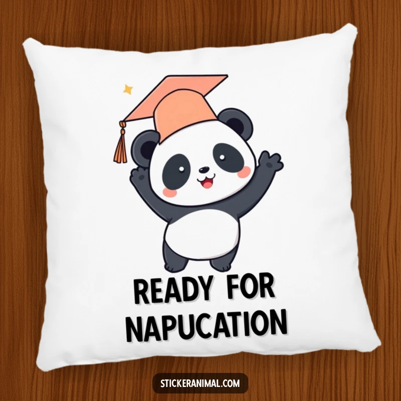 Funny pillow featuring a cute panda wearing a graduation cap and joyfully tossing it in the air, celebrating academic success.