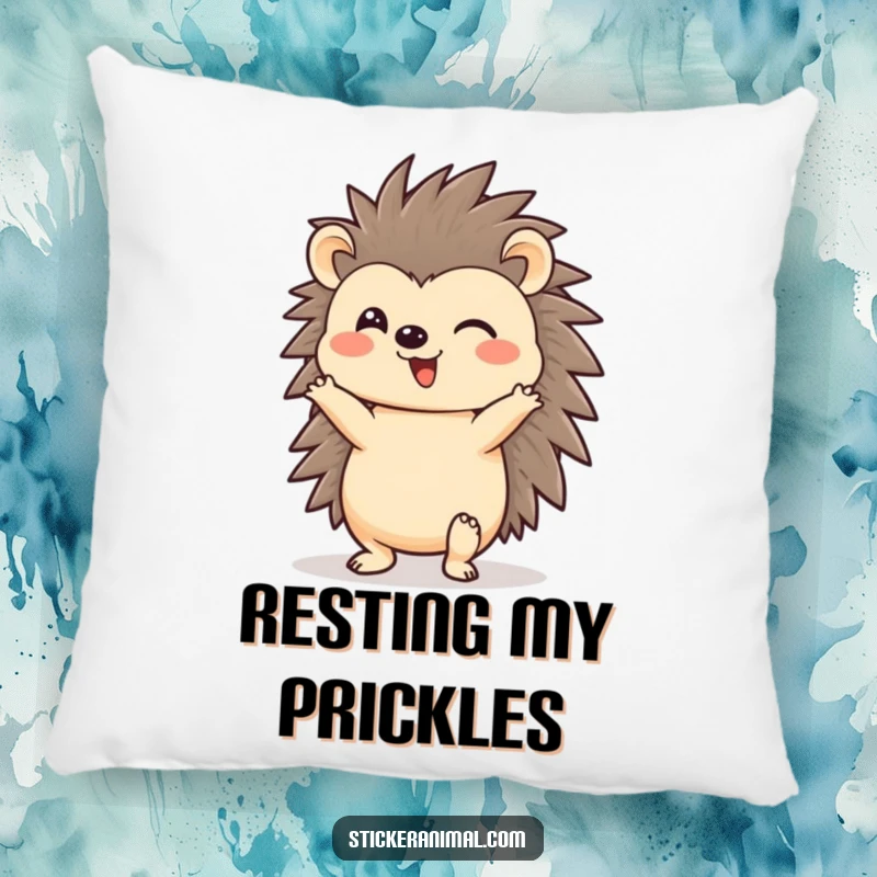 Funny hedgehog resting in a headstand pose on a pillow, a cheerful and cozy accent piece, ideal for a funny gift.