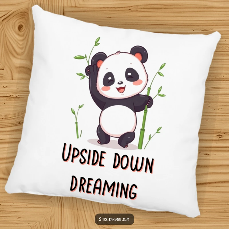 Funny panda handstand pillow with a joyful panda character in a handstand pose, bamboo stalks nearby, conveying effort and cuteness.