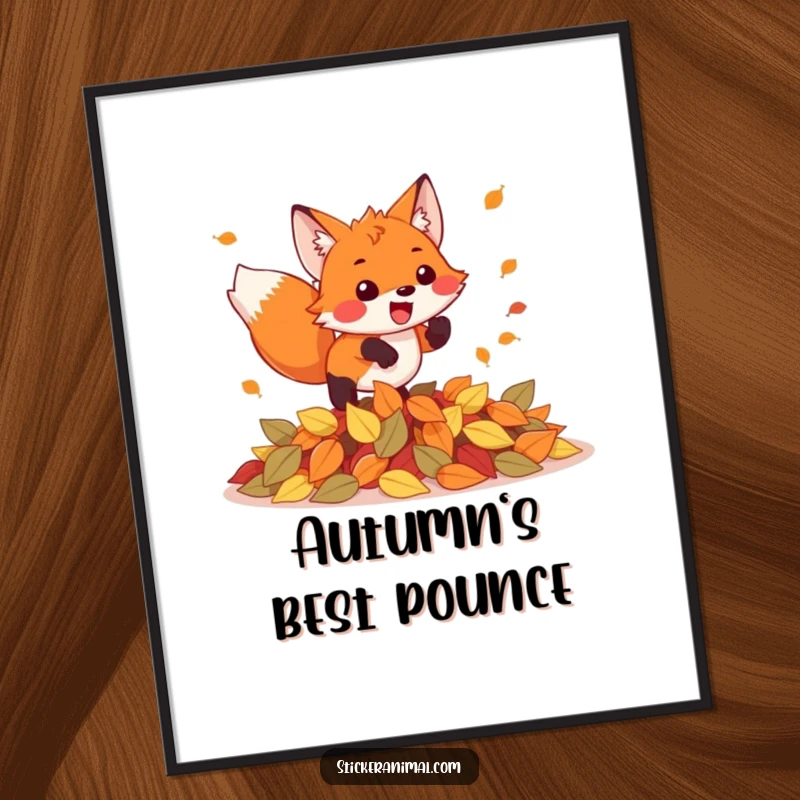 Funny digital art print of an excited fox joyfully pouncing into a pile of colorful autumn leaves, full of energy and fun.