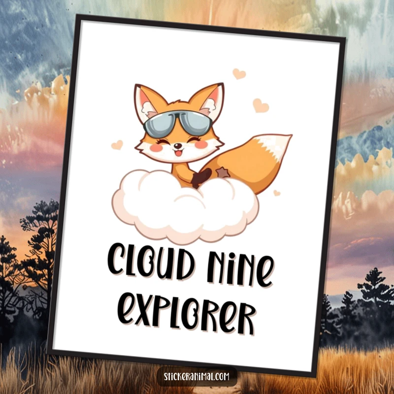 Funny Fox Digital Art: A fox pilots a fluffy cloud in a whimsical sky, perfect for humorous wall decor download.