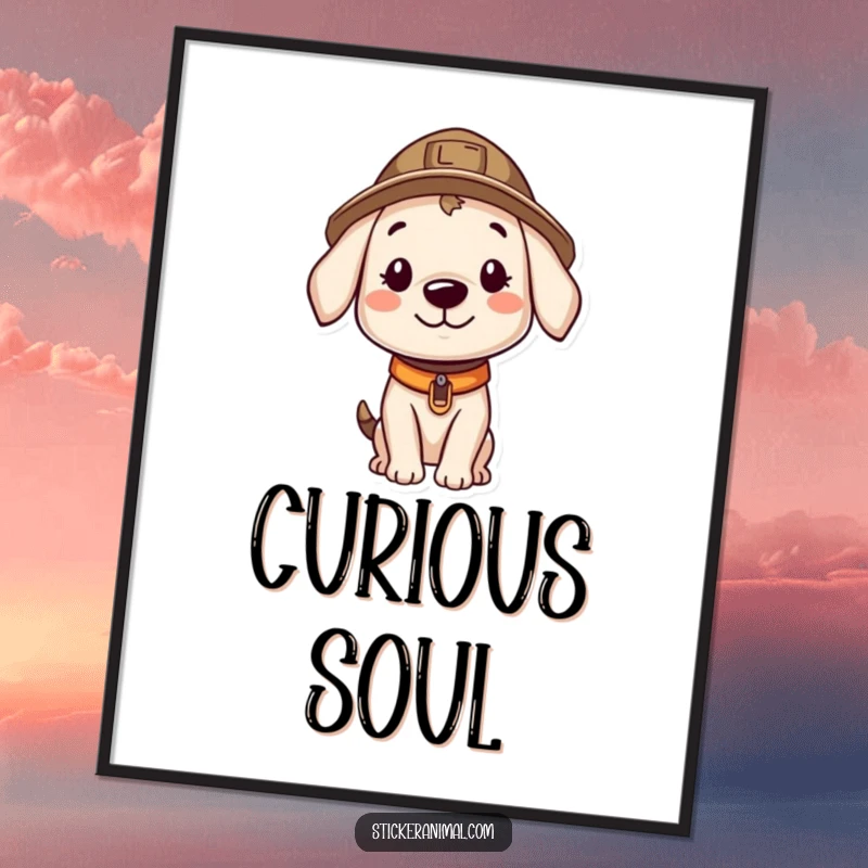 Funny digital art print of a smiling puppy wearing an explorer hat, looking curiously, inspiring humorous adventures.
