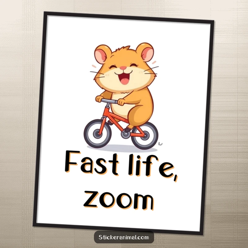 Funny digital art print of a grinning hamster character spinning rapidly on a tiny bicycle, for instant decor.