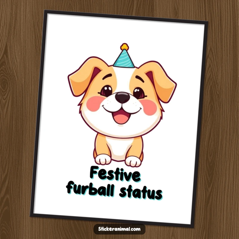 Funny happy dog wearing a party hat, a vibrant digital art print conveying pure joy and celebration, perfect as an instant funny gift.