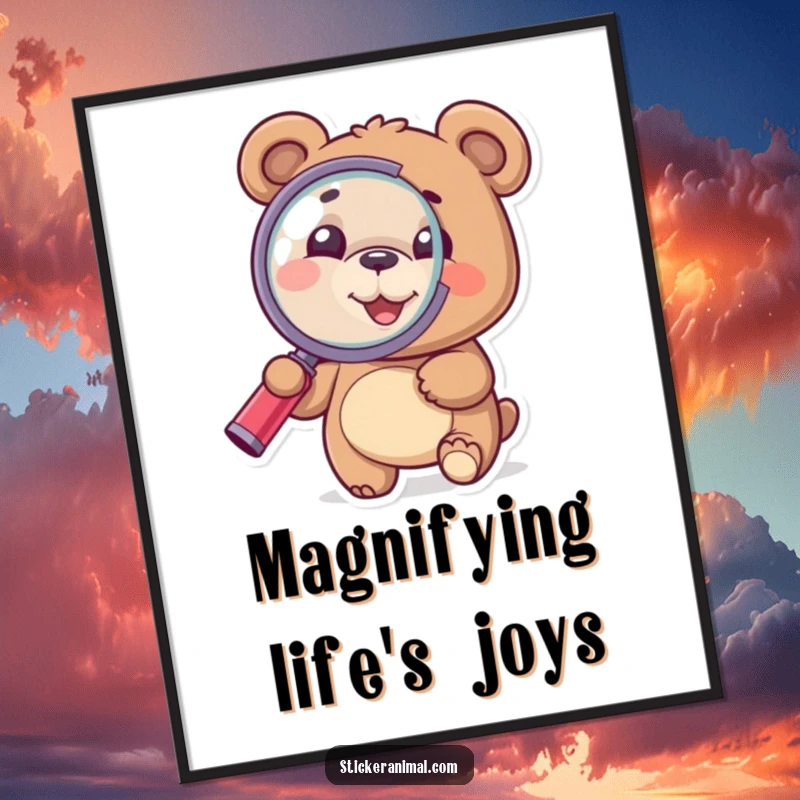 Funny Bear Digital Art: A happy bear holds a magnifying glass, perfect for humorous wall decor and instant download.