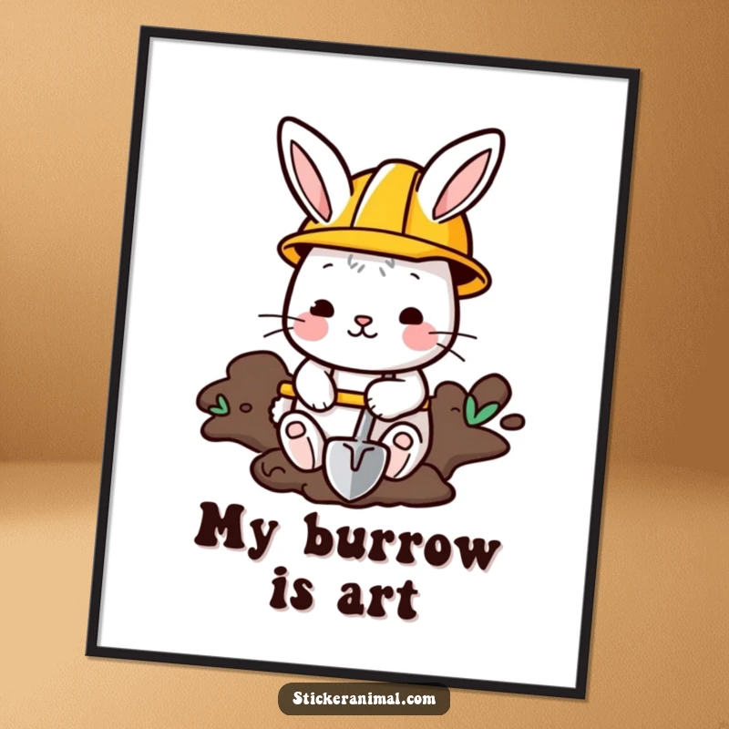 Funny Bunny Digital Art: A bunny in a construction helmet digs with a shovel, perfect for humorous wall decor download.