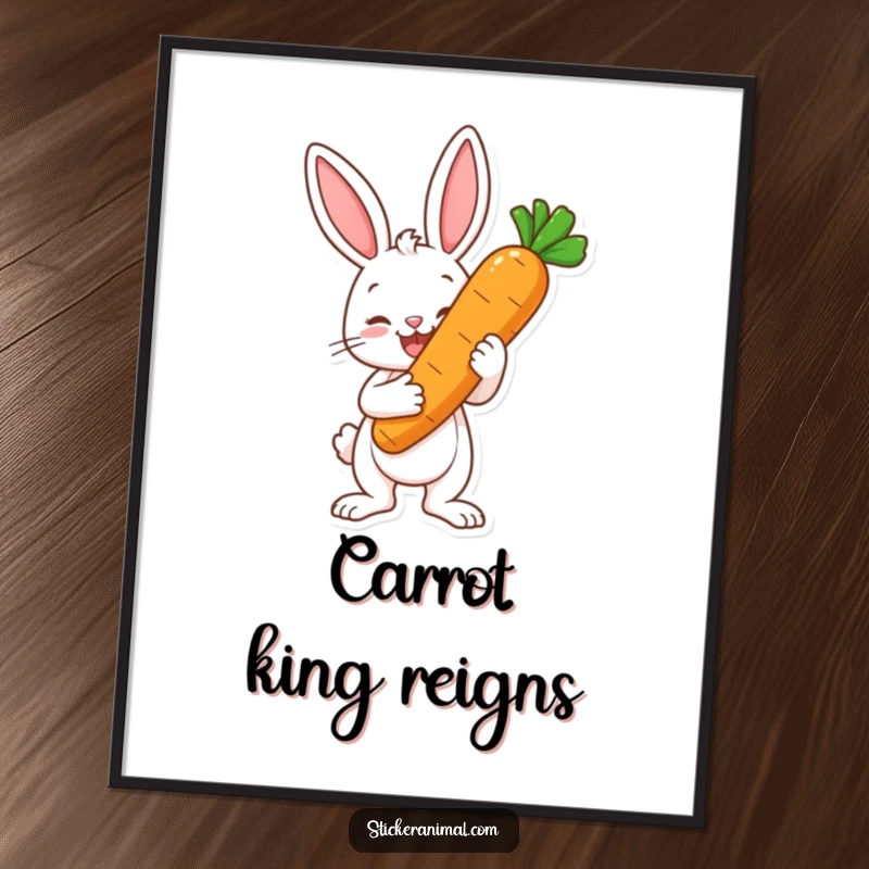 Funny digital art print of a happy bunny character proudly holding a large carrot as a trophy, radiating joyful accomplishment.