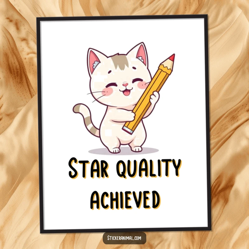 Funny cat artist digital art print featuring a playful cat character drawing a large star with a giant pencil, celebrating art.