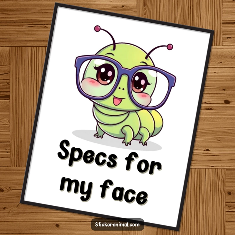 Funny digital art print of a wriggling caterpillar character hilariously wearing oversized glasses, for instant decor.