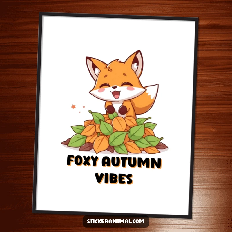 Funny digital art print of an excited fox leaping into a pile of colorful autumn leaves, capturing seasonal fun.