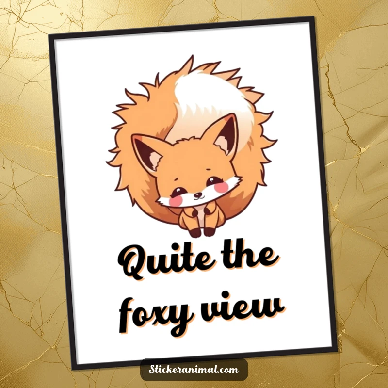 Funny Fox Peek Digital Art Print of a cheeky fox character peeking from behind its bushy tail, perfect for charming, humorous wall decor.