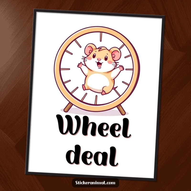 Funny hamster digital art print of a happy character running inside a giant spinning wheel, radiating pure, energetic joy.