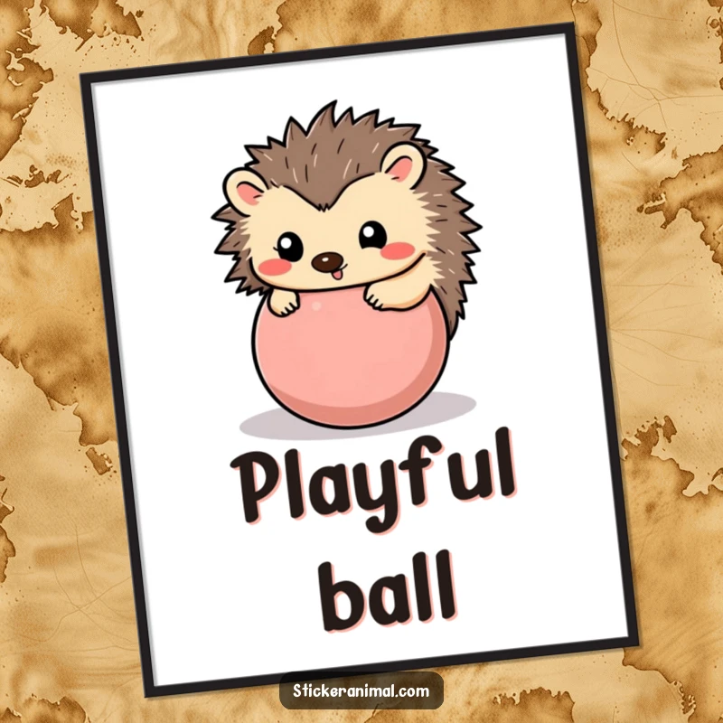 Funny hedgehog digital art print depicting a happy hedgehog rolled into a playful ball, ideal for instant cute and humorous wall decor.
