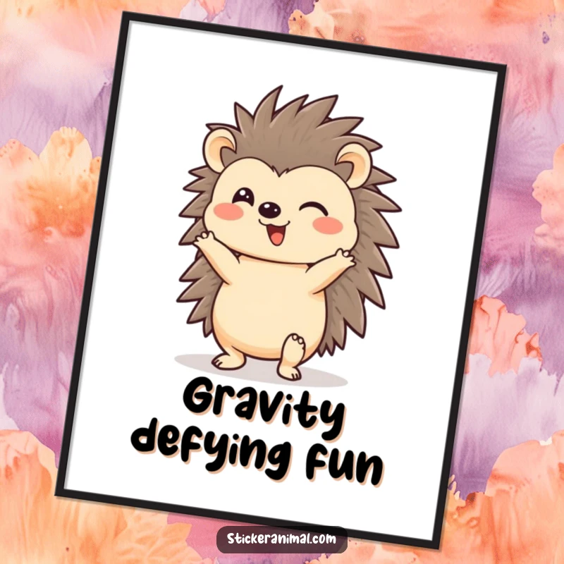 Funny, cheerful hedgehog character in a headstand, a vibrant digital art print conveying playfulness and humor, perfect as an instant funny gift.