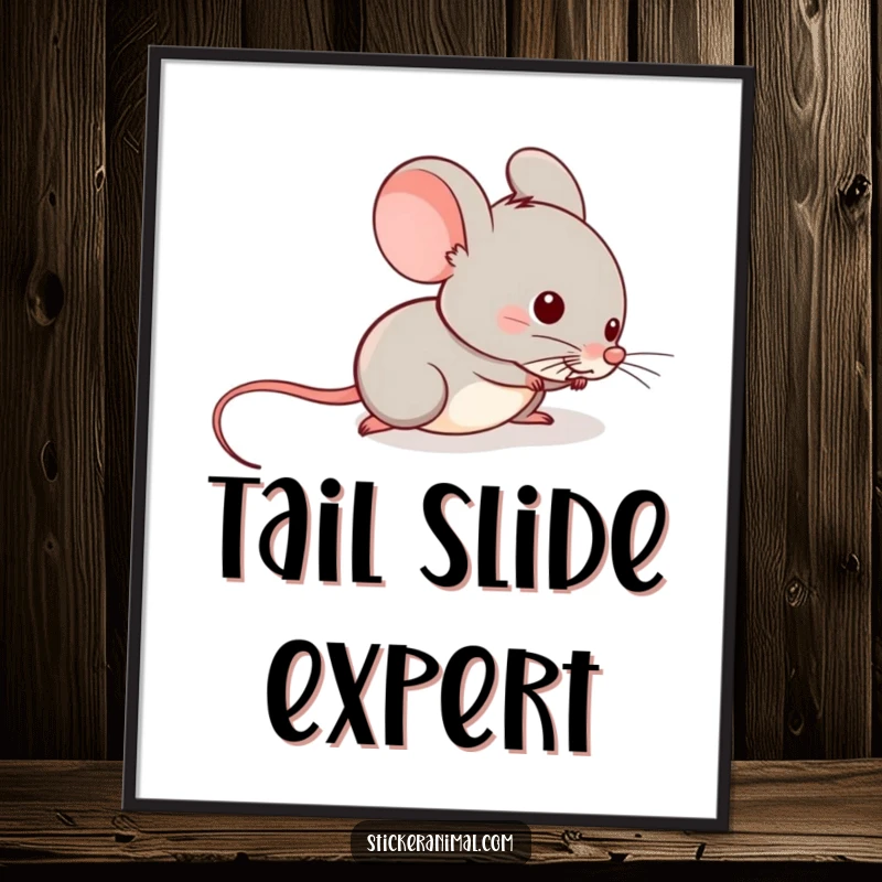 Funny digital art print of a mischievous mouse sliding down a tail, perfect for creating a humorous and playful atmosphere.