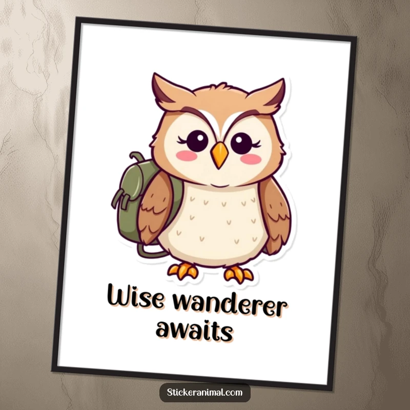 Funny digital art print of a cheerful owl wearing a backpack, ready for adventure, perfect for instant decor.