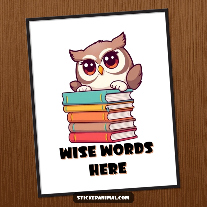 Funny digital art print of a curious owl peeking from behind books, for instant decor.
